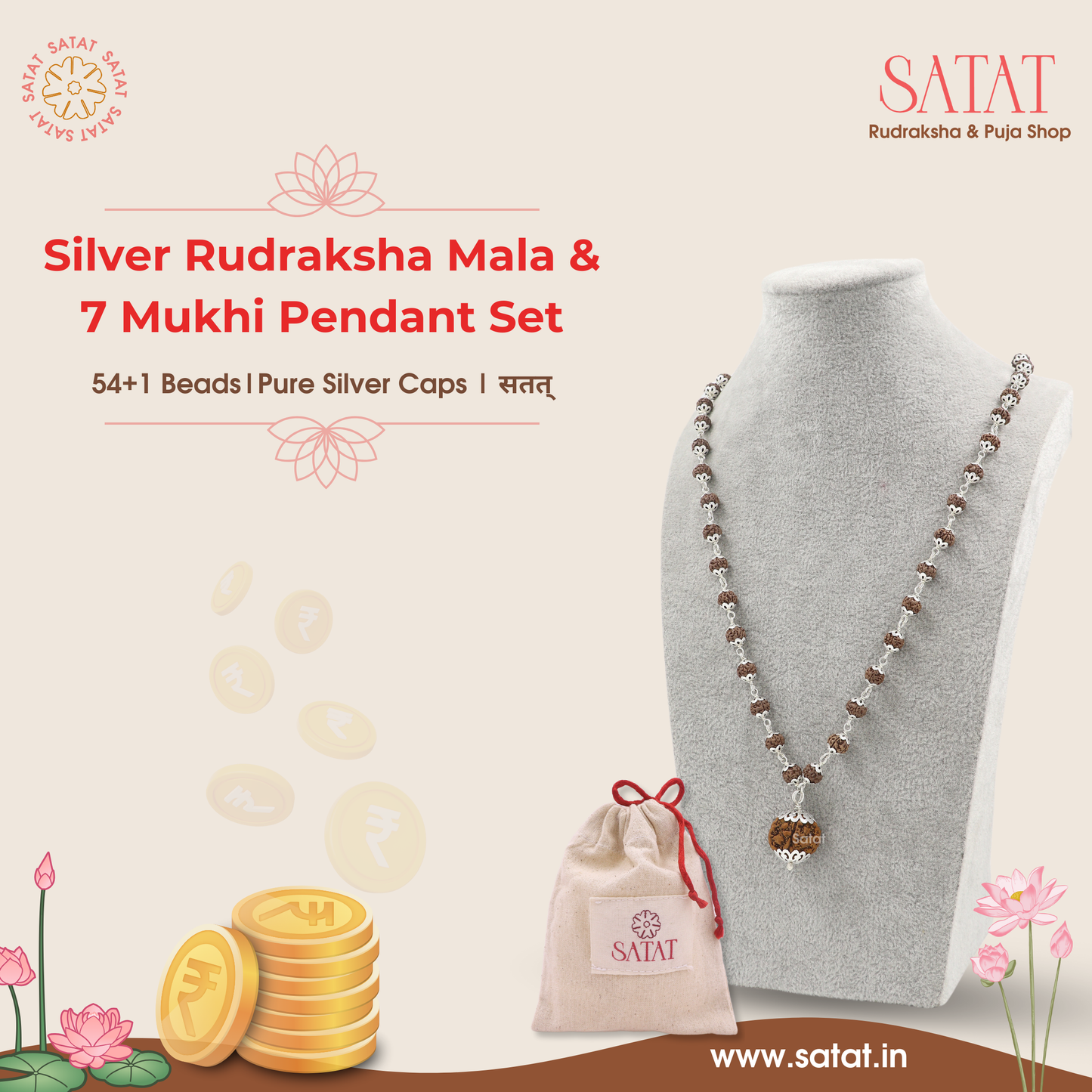 54+1 Beads Rudraksha Silver Mala with 7 Mukhi Nepal Rudraksha Pendant | 6.5mm Bead Size | Certified by RGL (ISO-Recognized Lab)