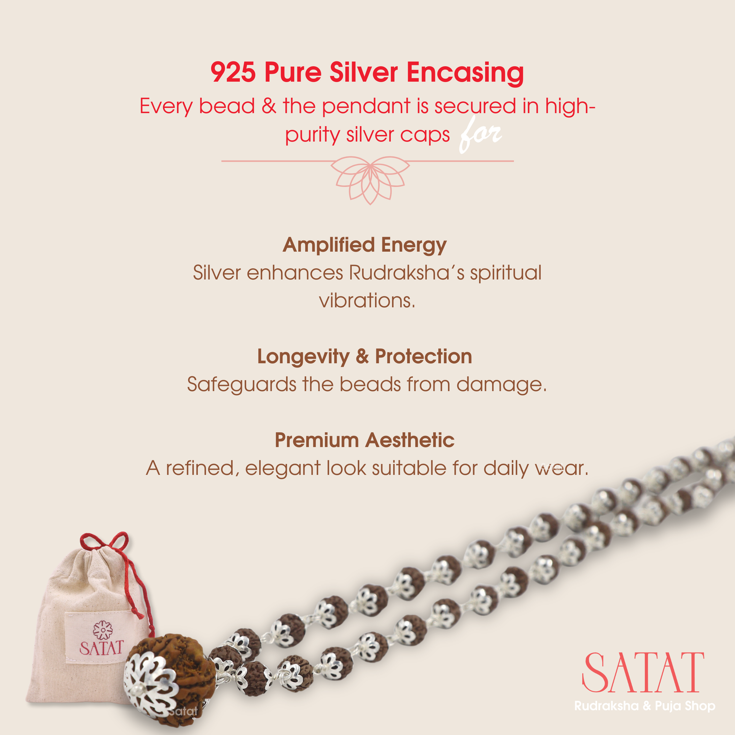 54+1 Beads Rudraksha Silver Mala with 7 Mukhi Nepal Rudraksha Pendant | 6.5mm Bead Size | Certified by RGL (ISO-Recognized Lab)