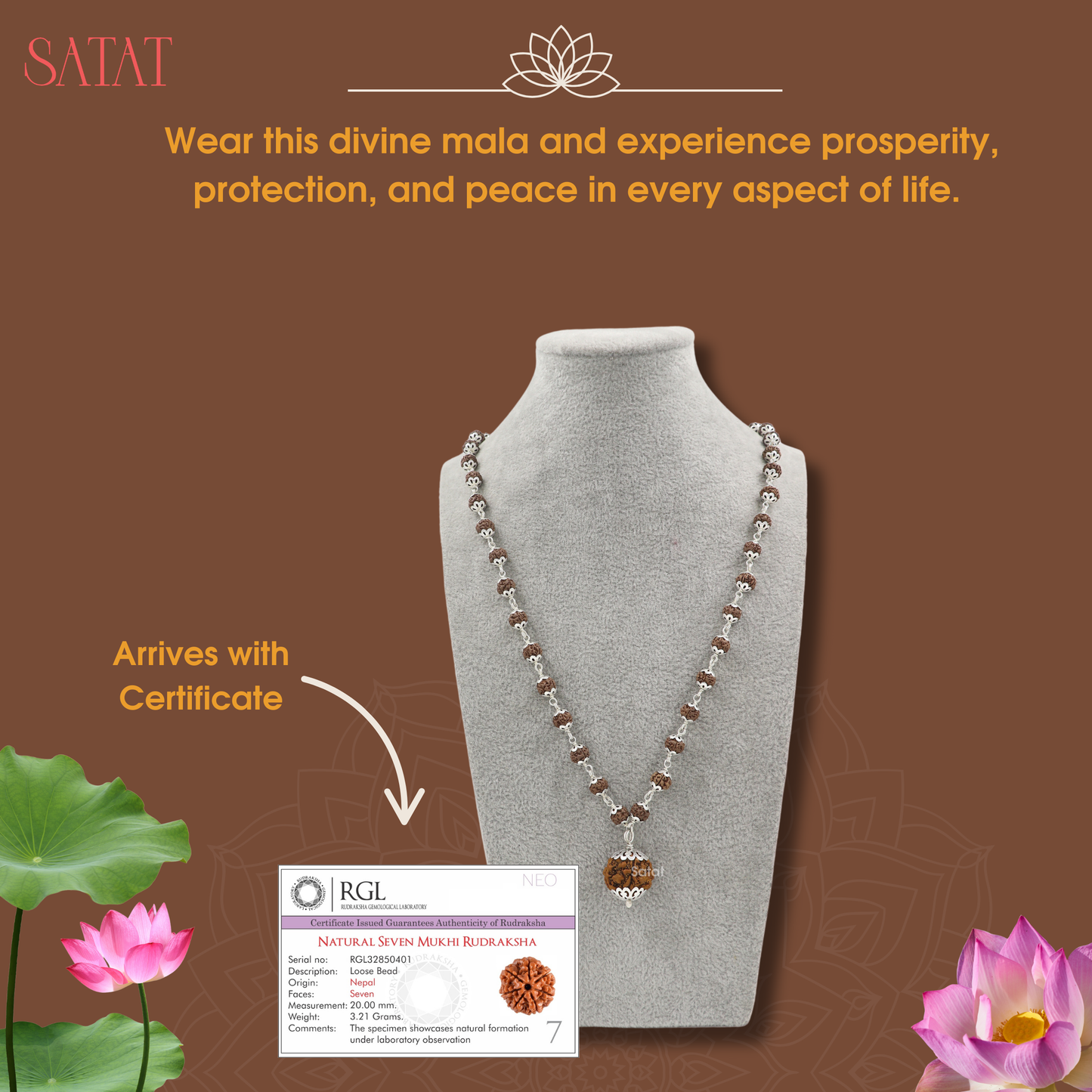 54+1 Beads Rudraksha Silver Mala with 7 Mukhi Nepal Rudraksha Pendant | 6.5mm Bead Size | Certified by RGL (ISO-Recognized Lab)