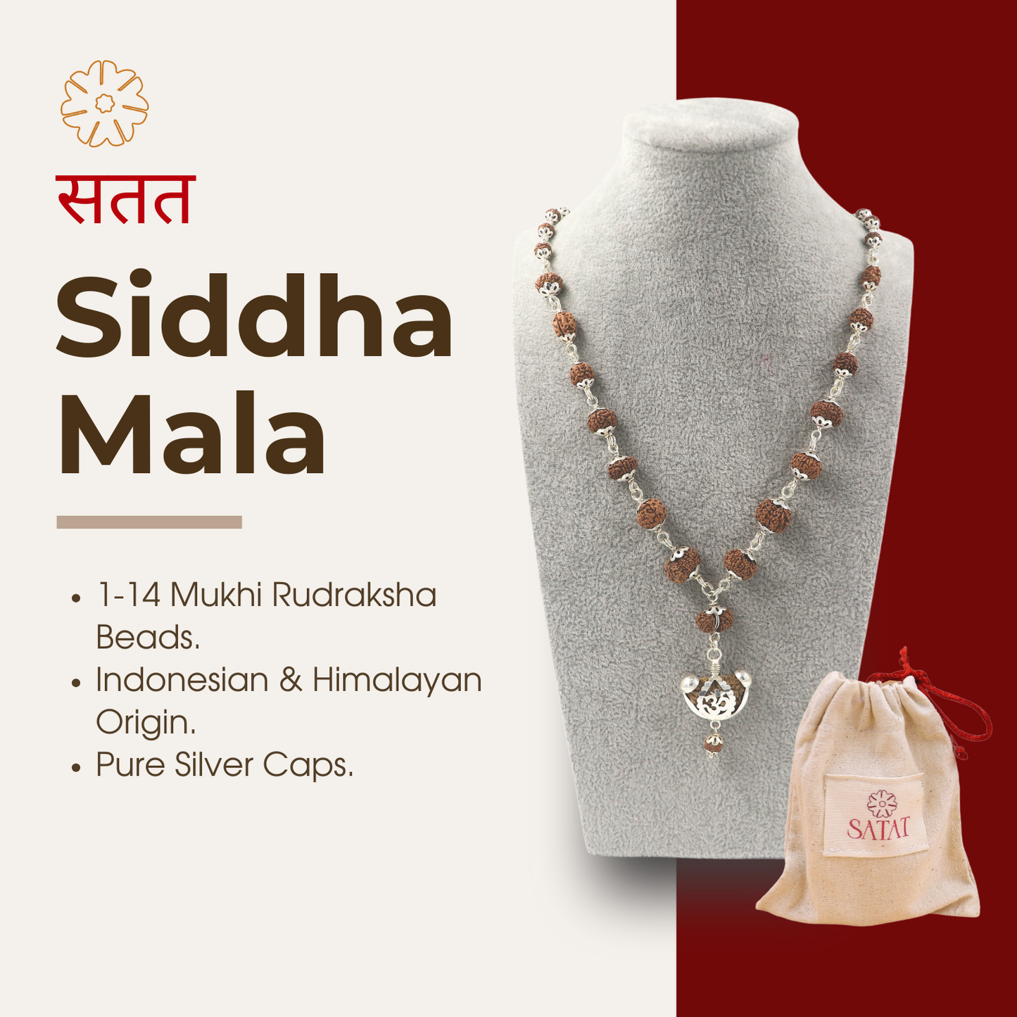 SATAT Siddha Rudraksha Mala | 1-14 Mukhi Beads | Pure Silver Cap | Certified by ISO-recognised Lab