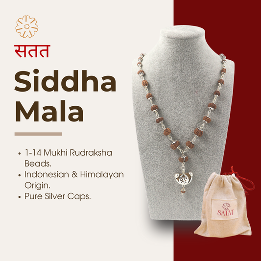 SATAT Siddha Rudraksha Mala | 1-14 Mukhi Beads | Pure Silver Cap | Certified by ISO-recognised Lab