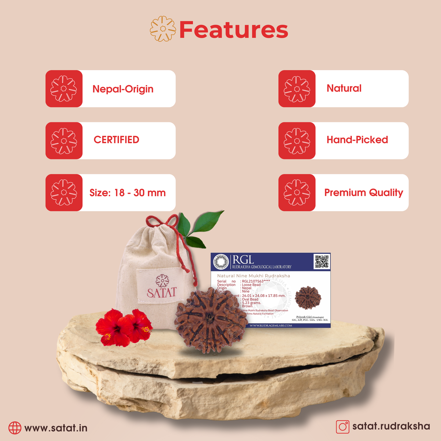 9 Mukhi Nepal Rudraksha Original Certified Bead by Satat Blessed by maa durga, mitigates effects of Malefic Rahu, For Courage & Bravery