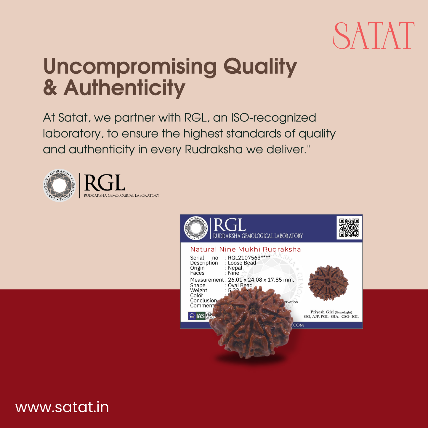 9 Mukhi Nepal Rudraksha Original Certified Bead by Satat Blessed by maa durga, mitigates effects of Malefic Rahu, For Courage & Bravery. Arrives with Certificate from ISO recognised laboratory - RGL. Satat rudraksha & Puja Shop