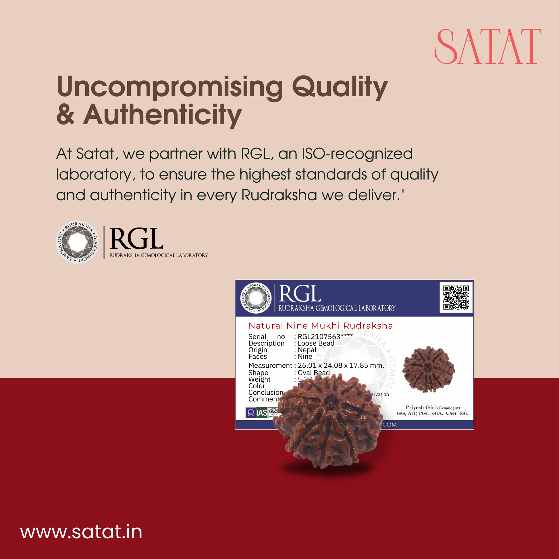 9 Mukhi Nepal Rudraksha Original Certified Bead by Satat Blessed by maa durga, mitigates effects of Malefic Rahu, For Courage & Bravery. Arrives with Certificate from ISO recognised laboratory - RGL. Satat rudraksha & Puja Shop
