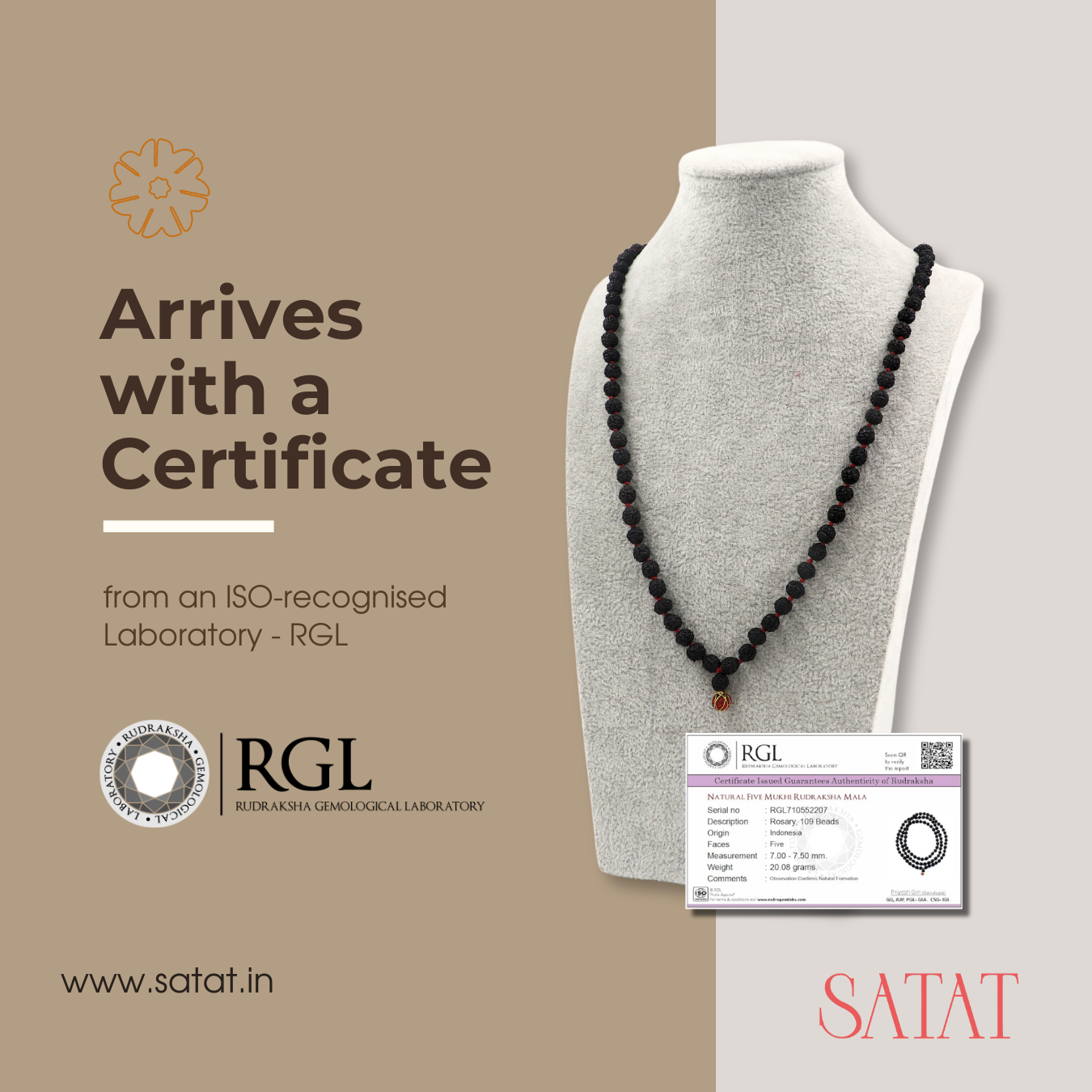 Black Rudraksha Japa Mala Original | 108+1, 5 Mukhi Indonesian Beads | Certified by RGL - an ISO-recognised Lab | For Men & Women