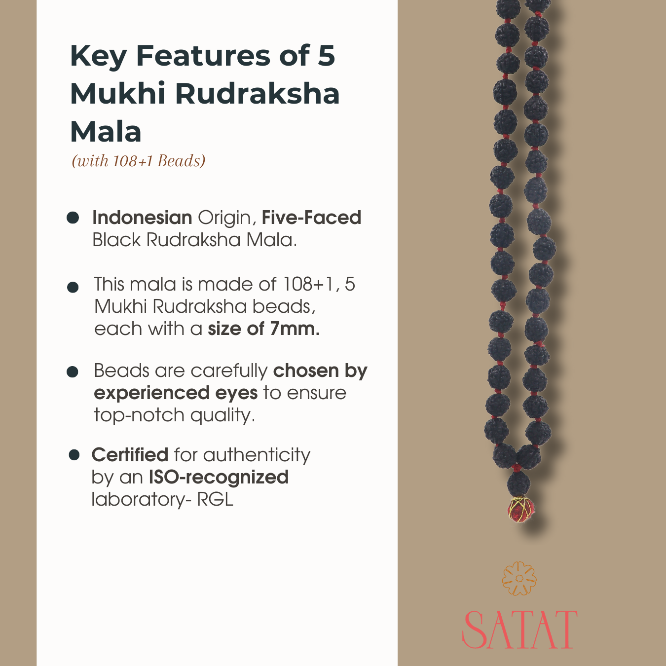 Black Rudraksha Japa Mala Original | 108+1, 5 Mukhi Indonesian Beads | Certified by RGL - an ISO-recognised Lab | For Men & Women