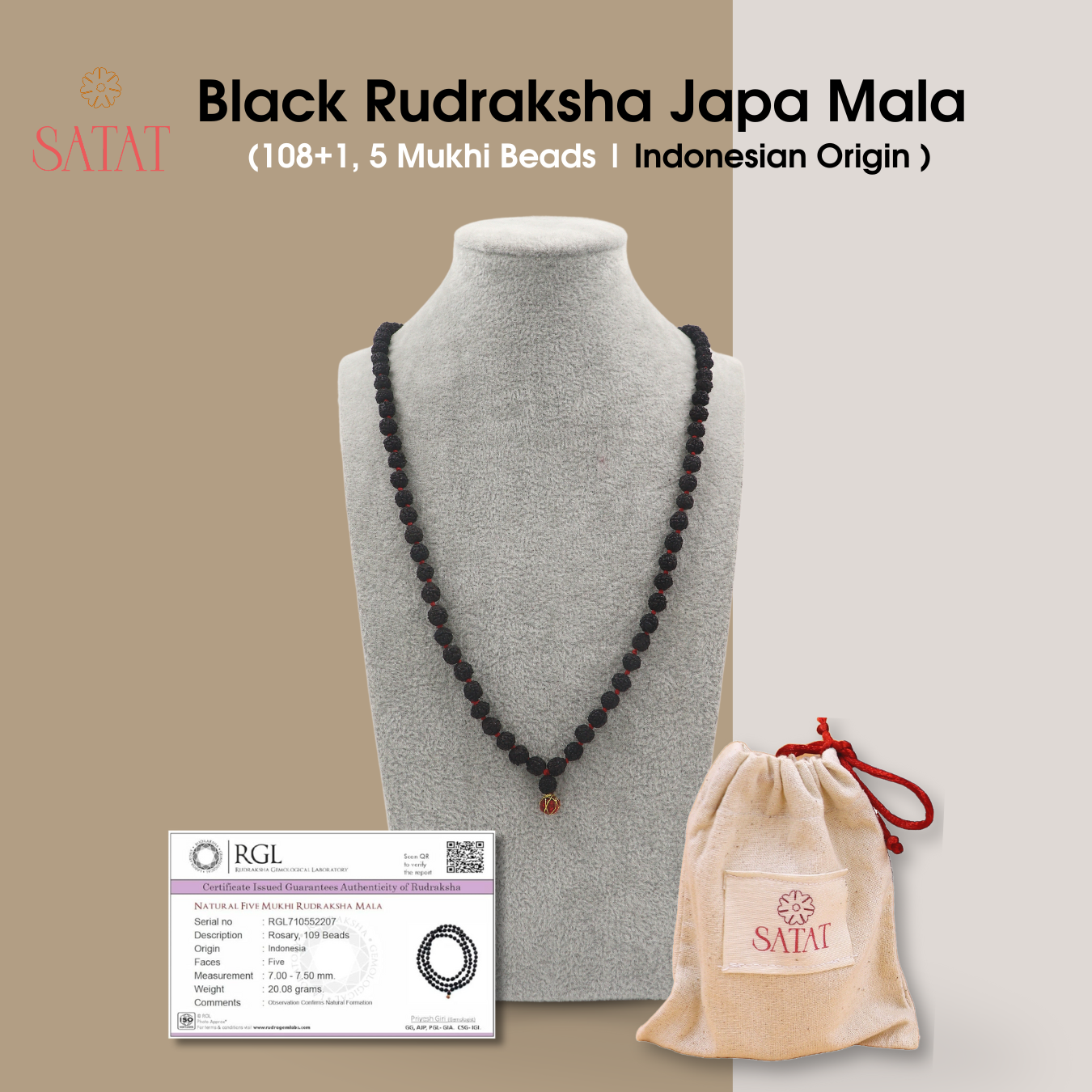 Black Rudraksha Japa Mala Original | 108+1, 5 Mukhi Indonesian Beads | Certified by RGL - an ISO-recognised Lab | For Men & Women