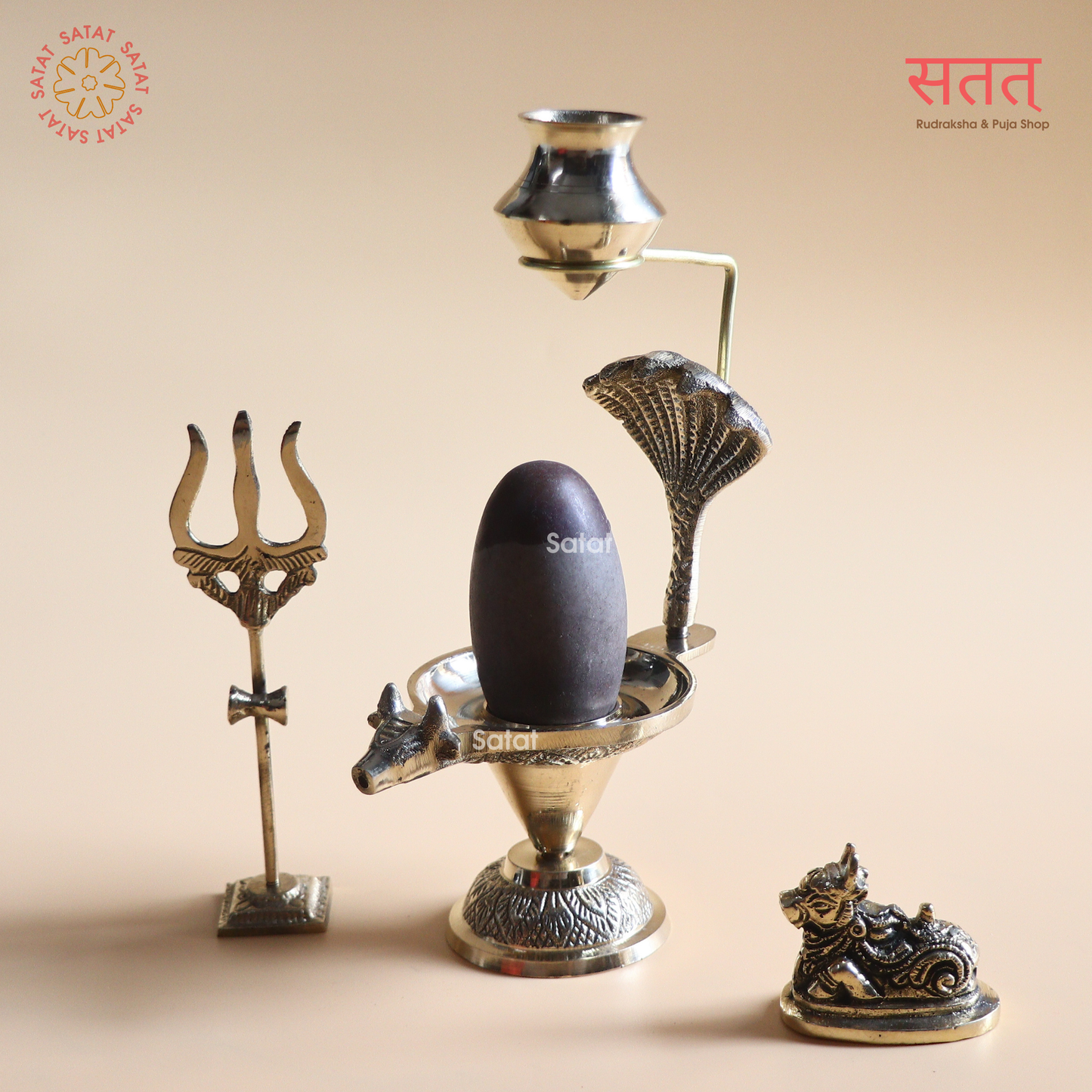 Narmadeshwar Shivling - Holy Brass Worship Set with Argha, Trishul, Galantika, Naag & Nandi (6 inches)| For Shiv Puja at Home | Shivling Height: 2.5 inches | SAVAN Special
