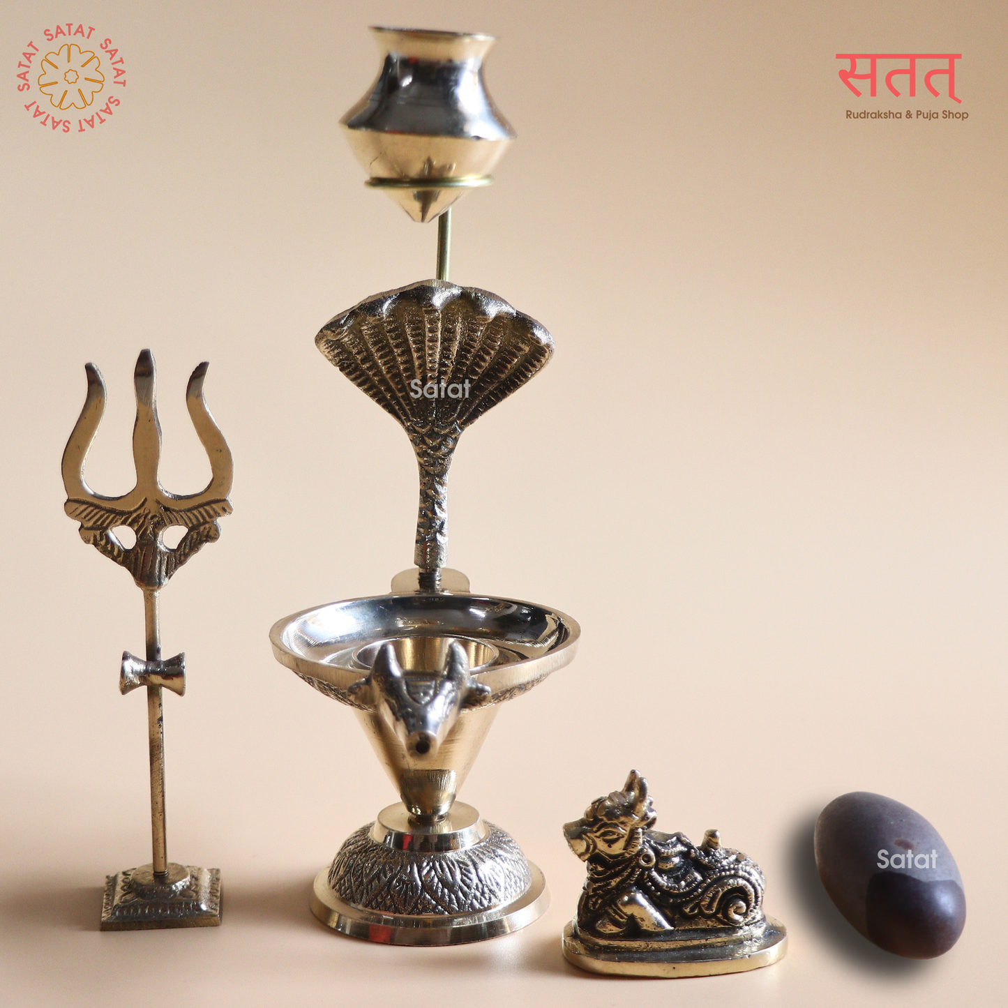 Narmadeshwar Shivling - Holy Brass Worship Set with Argha, Trishul, Galantika, Naag & Nandi (6 inches)| For Shiv Puja at Home | Shivling Height: 2.5 inches | SAVAN Special