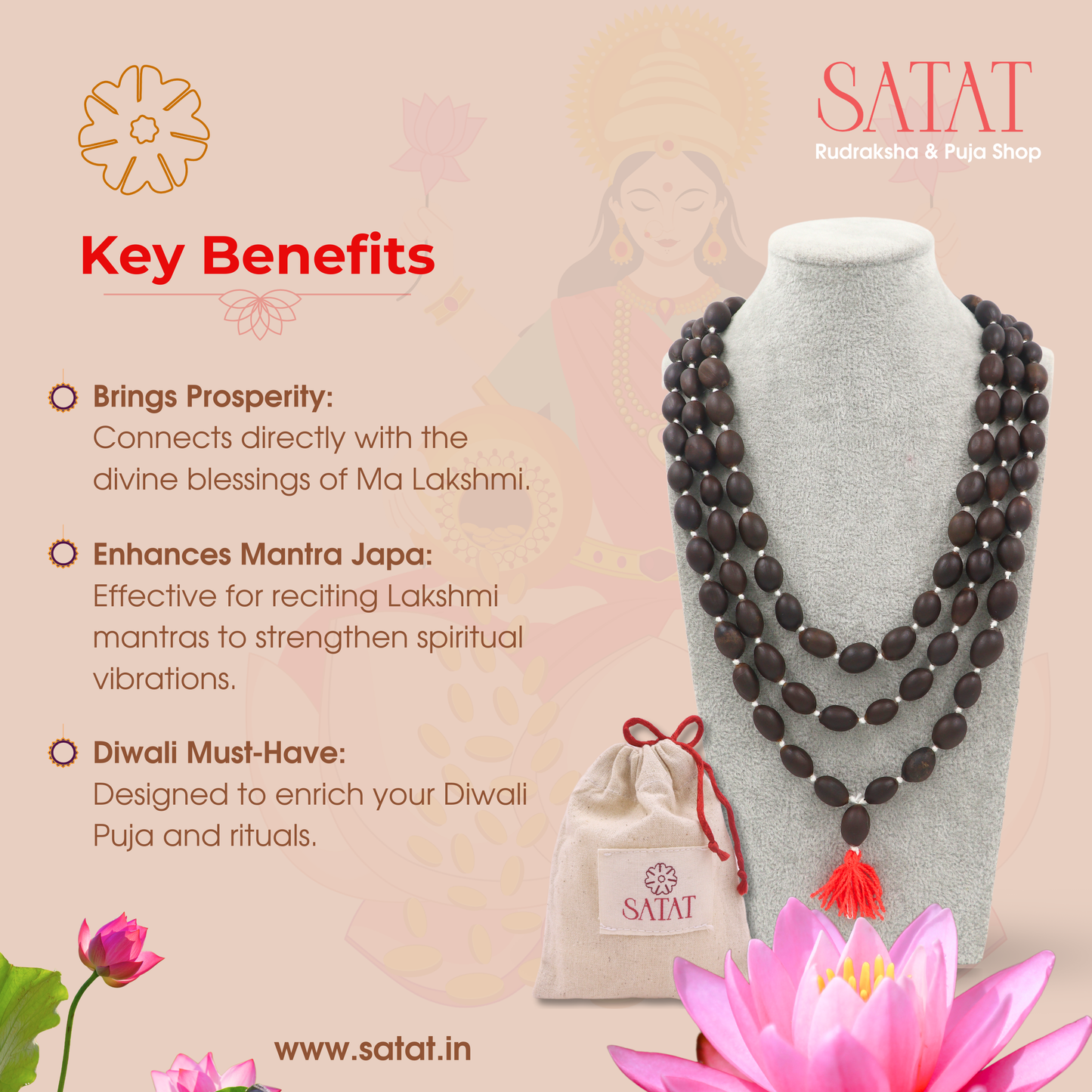 Natural Lotus Seed Mala 108+1 Beads Original | Size: 10-15mm | Kamal Gatta Mala Natural | Hand-Made | ISO-Recognised Laboratory Certificate | for Lakshmi Pooja & Mantra Japa