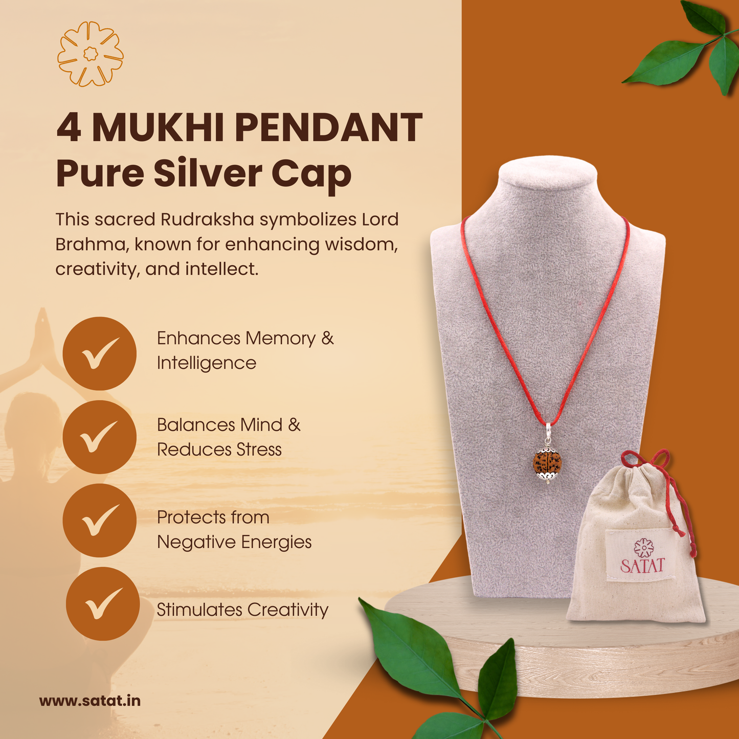 SATAT 4 Mukhi Rudraksha Pendant Original Nepalese Bead | Pure Silver Cap Encasing | with Certificate | For Men & Women