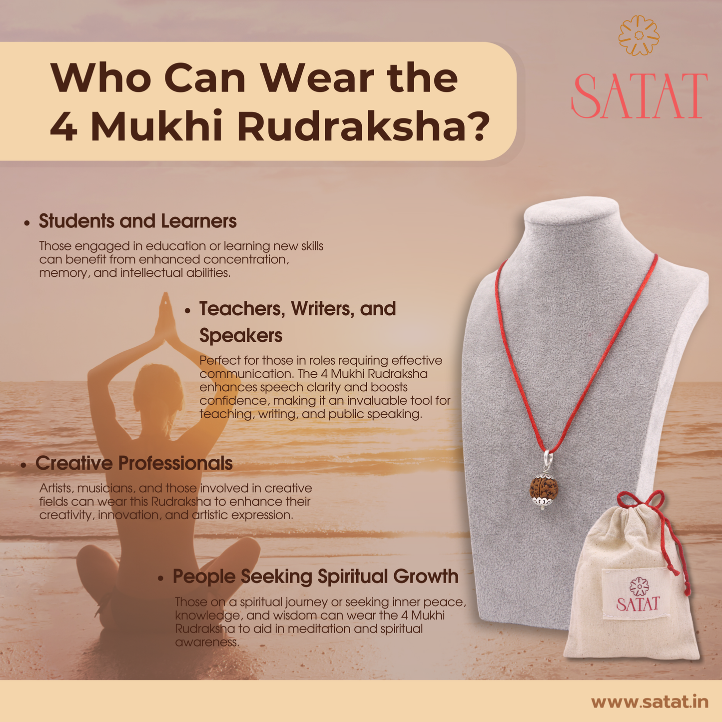 SATAT 4 Mukhi Rudraksha Pendant Original Nepalese Bead | Pure Silver Cap Encasing | with Certificate | For Men & Women