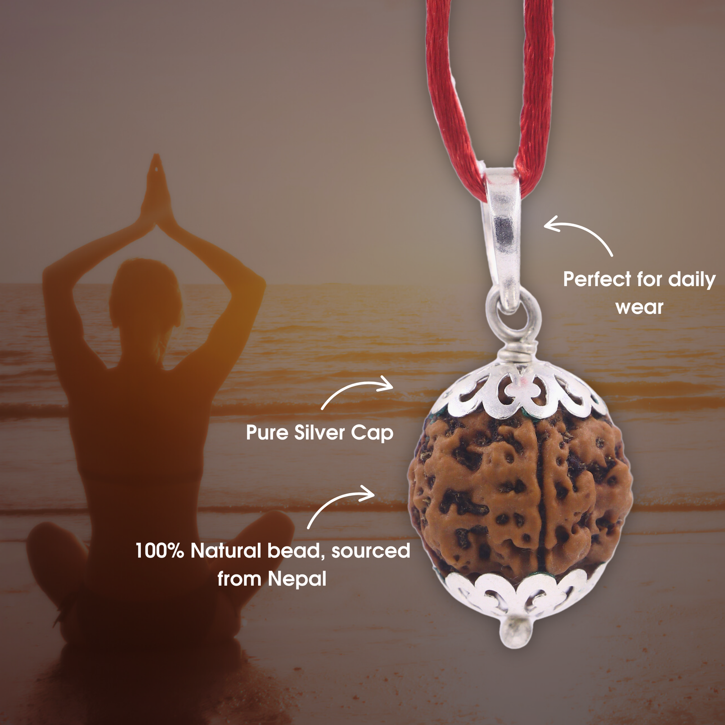 SATAT 4 Mukhi Rudraksha Pendant Original Nepalese Bead | Pure Silver Cap Encasing | with Certificate | For Men & Women
