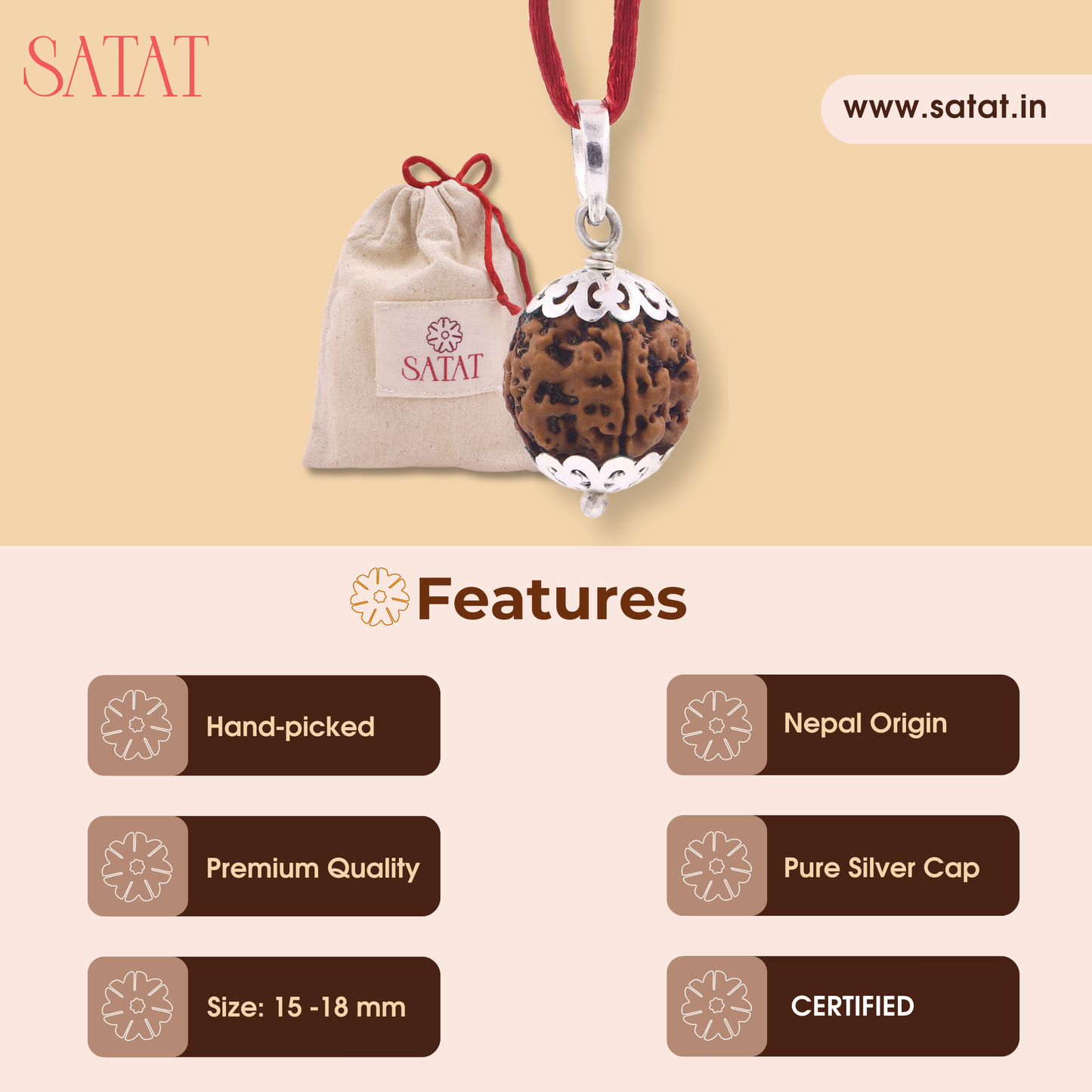 SATAT 4 Mukhi Rudraksha Pendant Original Nepalese Bead | Pure Silver Cap Encasing | with Certificate | For Men & Women