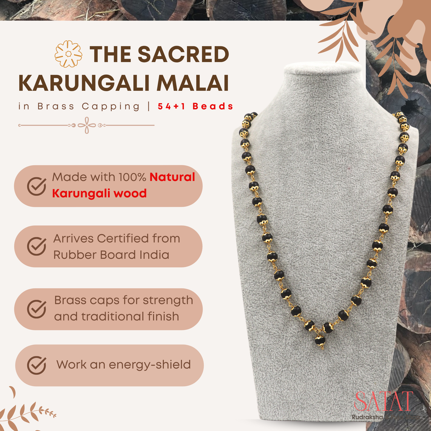 Karungali Malai 54 Beads – Brass Capped & Govt-Certified | 8mm Beads