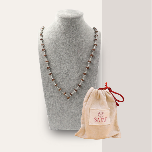 54+1 Beads Original Rudraksha Mala | 5 Mukhi | Encased in Pure Silver Caps | 5mm Beads | Indonesian Origin | Certified by ISO-recognised Lab