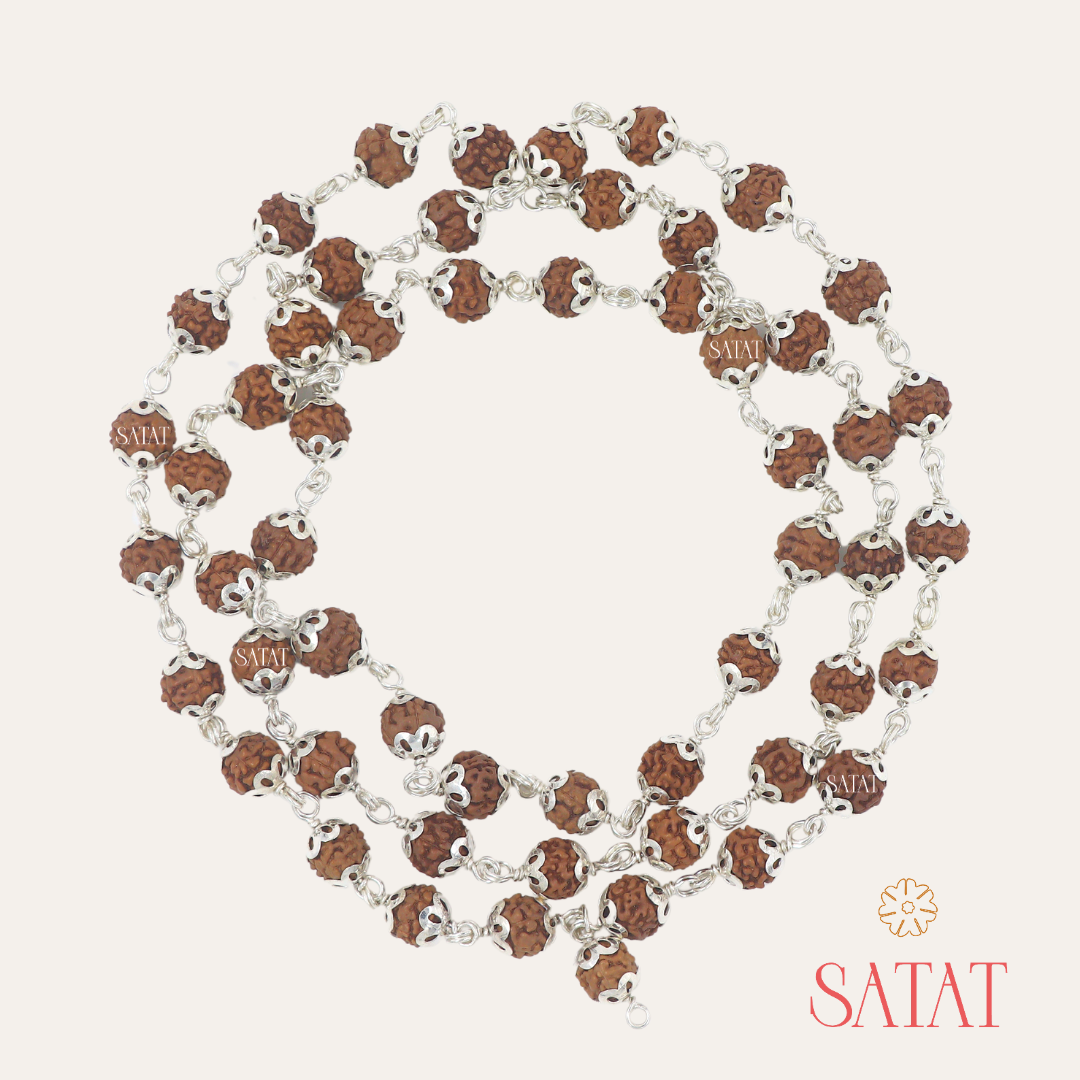 54+1 Beads Original Rudraksha Mala | 5 Mukhi | Encased in Pure Silver Caps | 5mm Beads | Indonesian Origin | Certified by ISO-recognised Lab