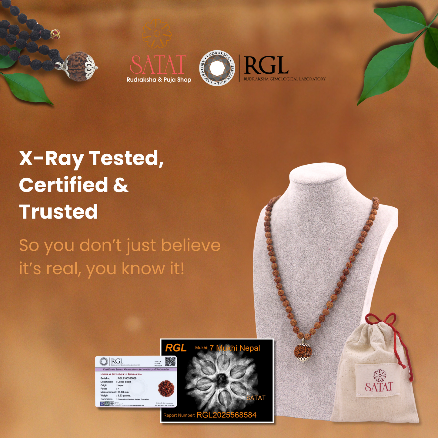 SATAT 7 Mukhi Rudraksha Pendant (Nepal) with 108 bead 5 Mukhi (Indonesian) Mala Set | Pure SIlver Cap & Certified