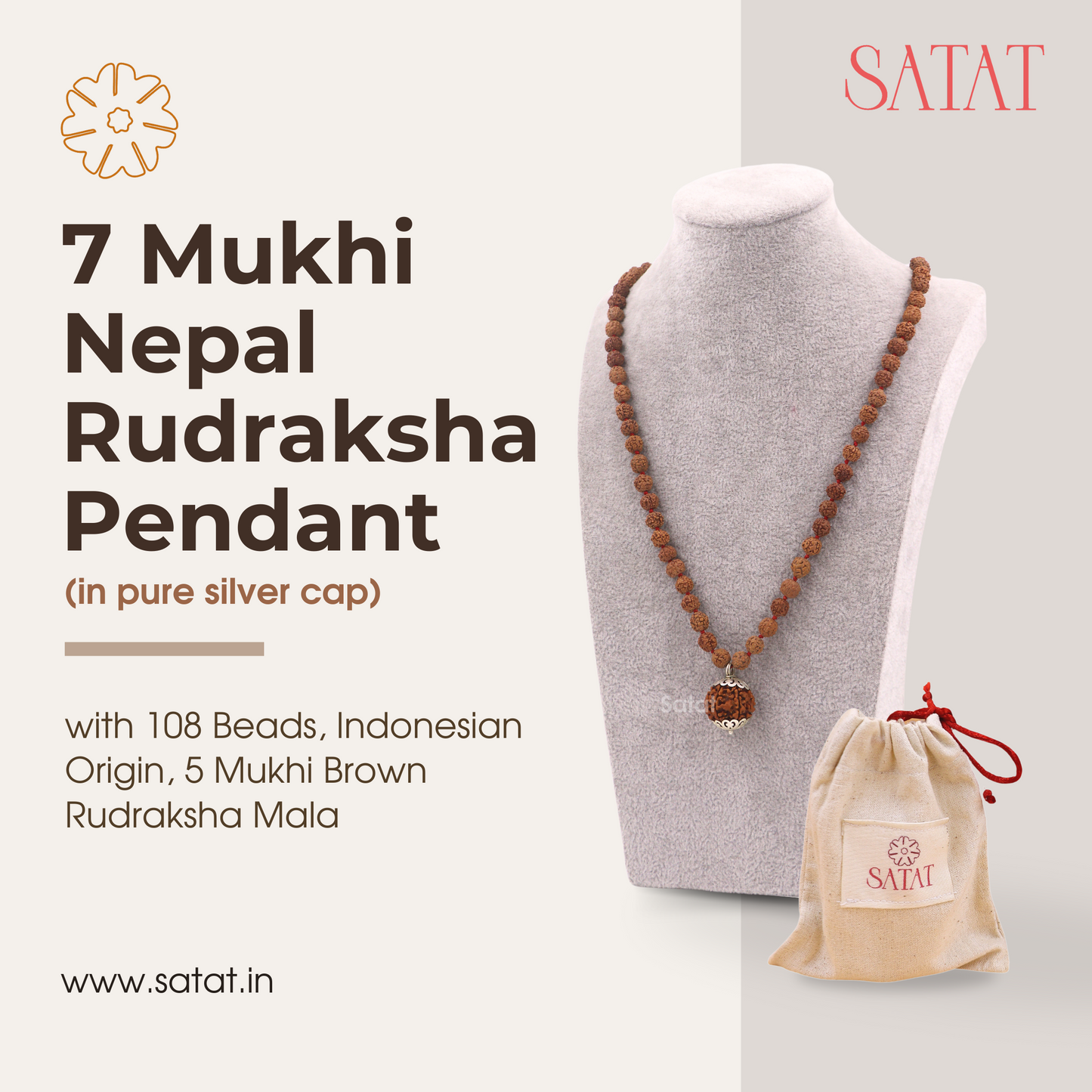 SATAT 7 Mukhi Rudraksha Pendant (Nepal) with 108 bead 5 Mukhi (Indonesian) Mala Set | Pure SIlver Cap & Certified