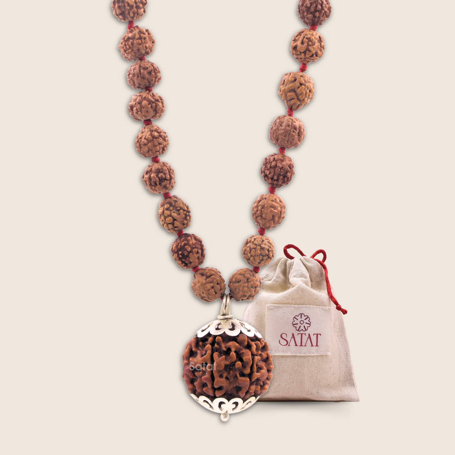 SATAT 7 Mukhi Rudraksha Pendant (Nepal) with 108 bead 5 Mukhi (Indonesian) Mala Set | Pure SIlver Cap & Certified