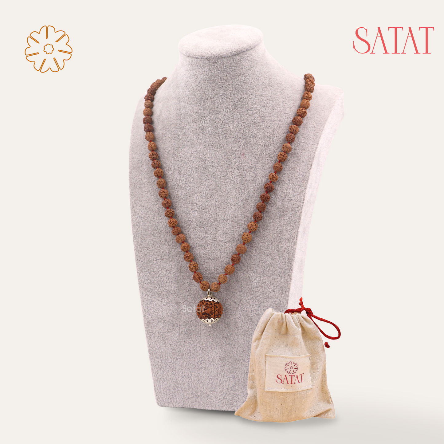 SATAT 7 Mukhi Rudraksha Pendant (Nepal) with 108 bead 5 Mukhi (Indonesian) Mala Set | Pure SIlver Cap & Certified