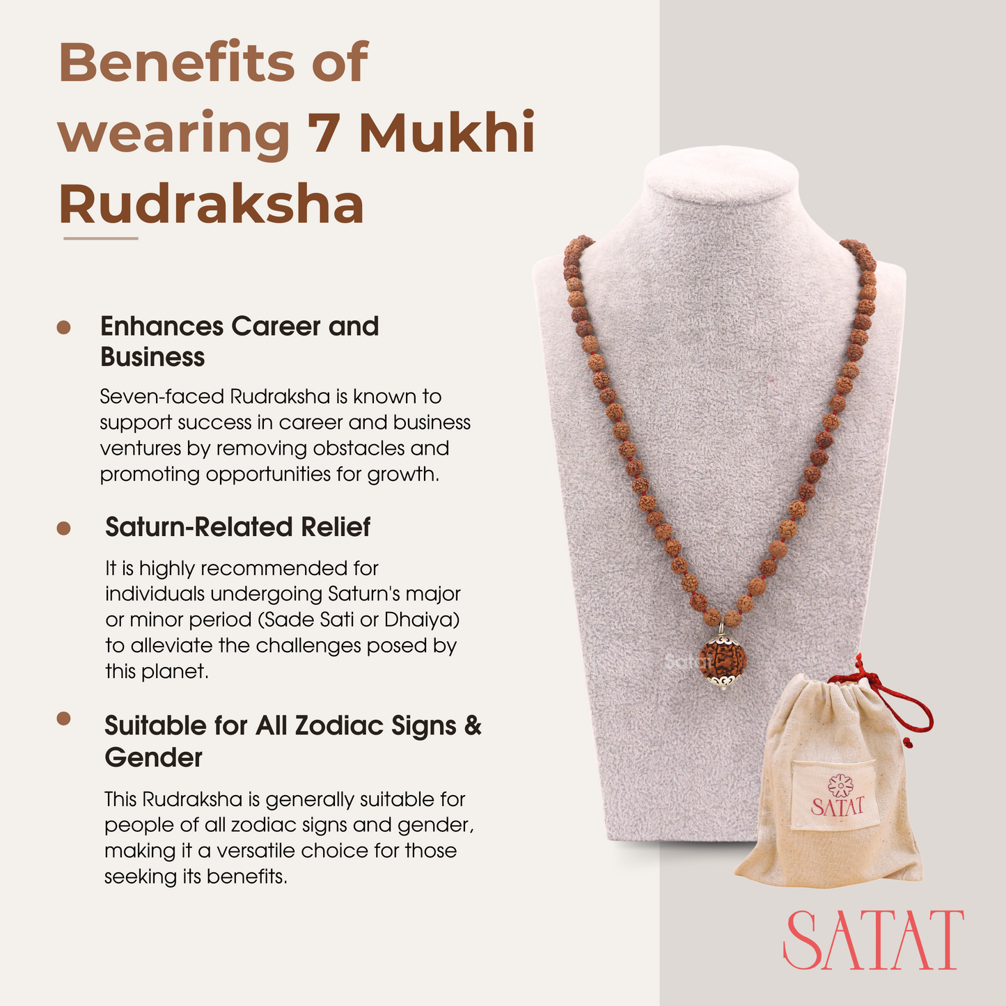 SATAT 7 Mukhi Rudraksha Pendant (Nepal) with 108 bead 5 Mukhi (Indonesian) Mala Set | Pure SIlver Cap & Certified
