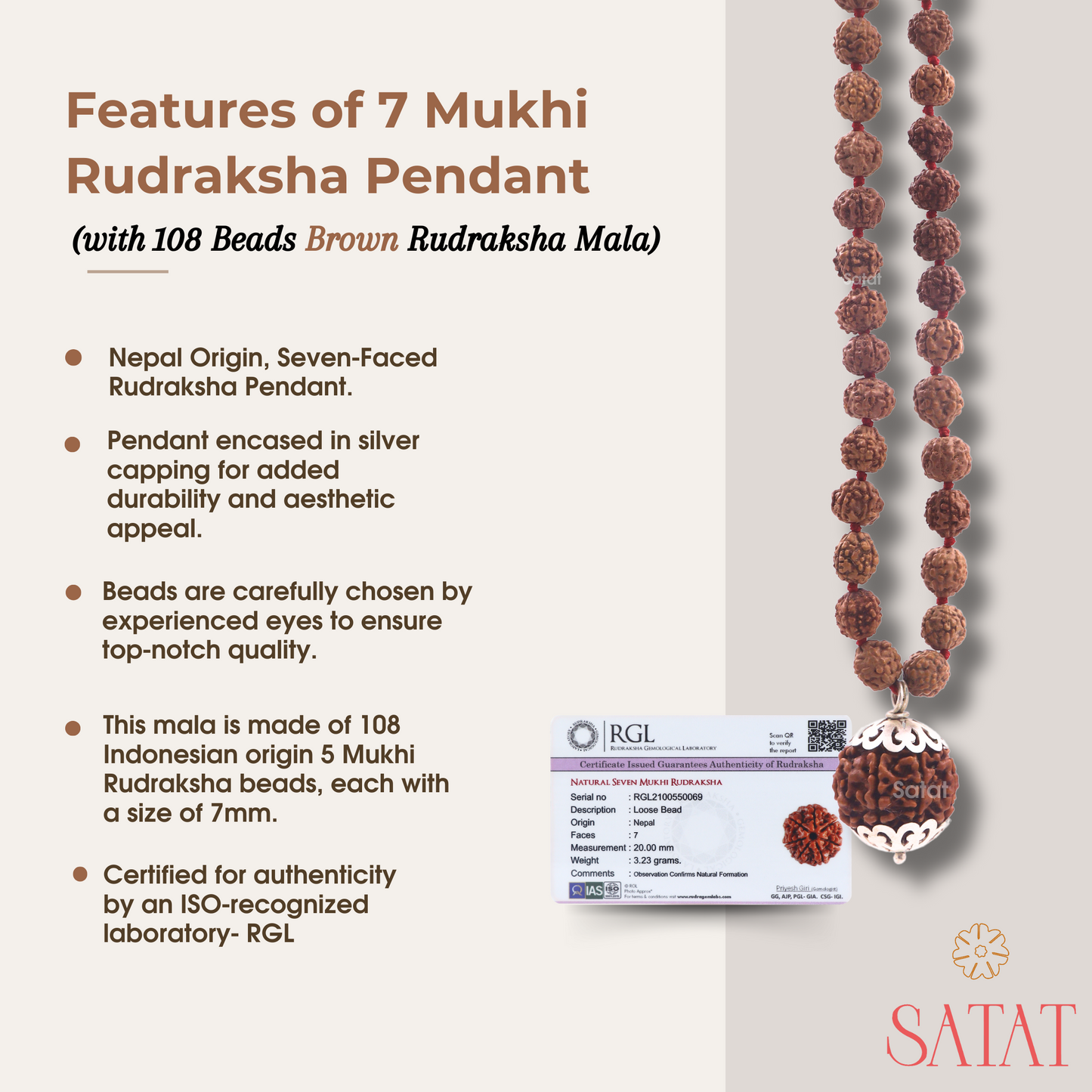 SATAT 7 Mukhi Rudraksha Pendant (Nepal) with 108 bead 5 Mukhi (Indonesian) Mala Set | Pure SIlver Cap & Certified