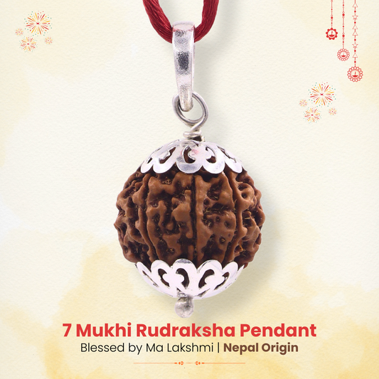 SATAT 7 Mukhi Rudraksha Pendant Original Nepalese Bead | Pure Silver Cap Encasing | with Certificate | For Men & Women