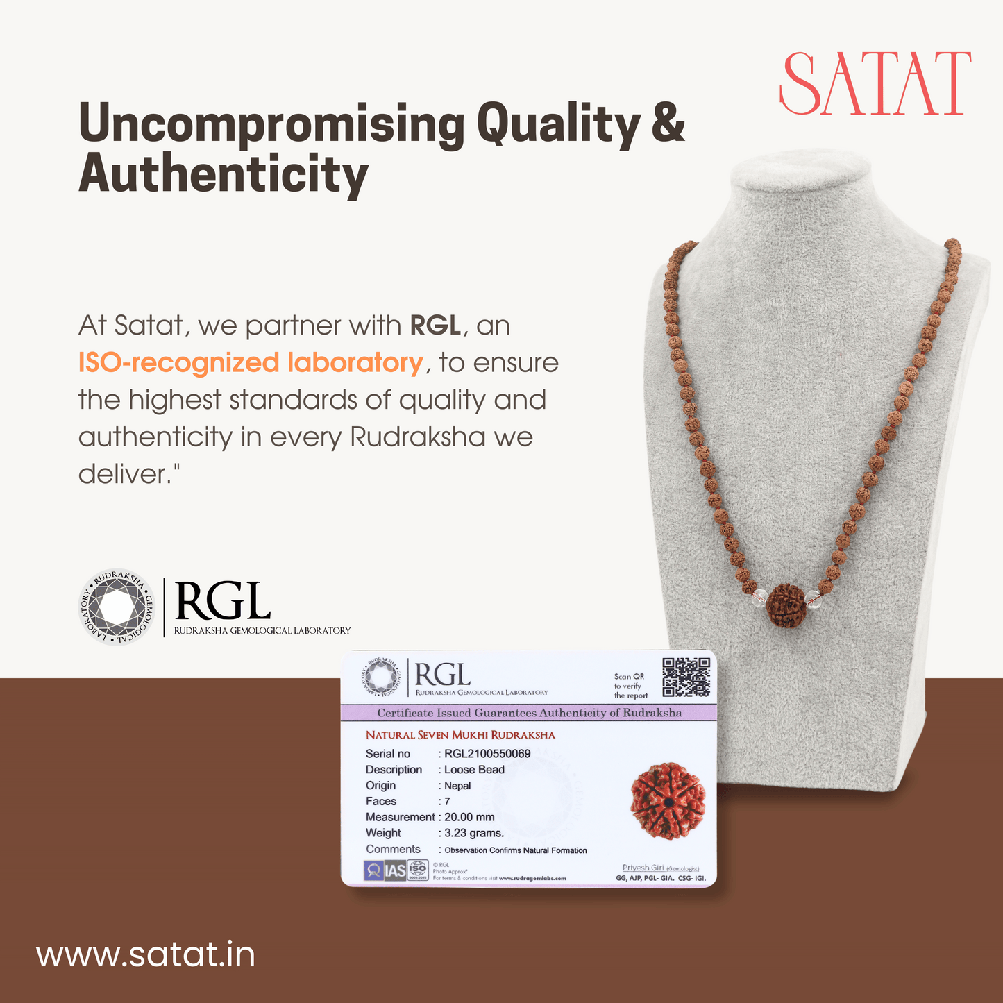 SATAT Guru Mani Rudraksha Mala with 7 Mukhi Nepali Rudraksha & Sphatik Beads Made in 108+1, 5 Mukhi Indonesian beads Lab Certified