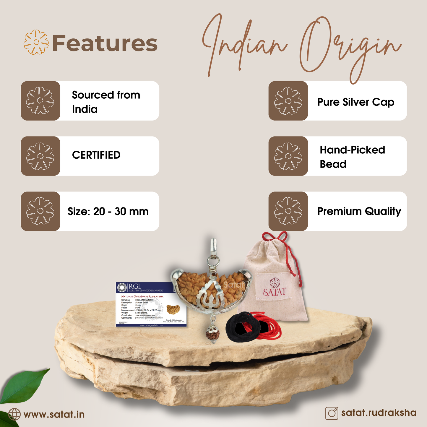 SATAT One Face Ek Mukhi Rudraksha Pendant | Indian Origin | Pure Silver Cap | Certified from an ISO-recognised Lab