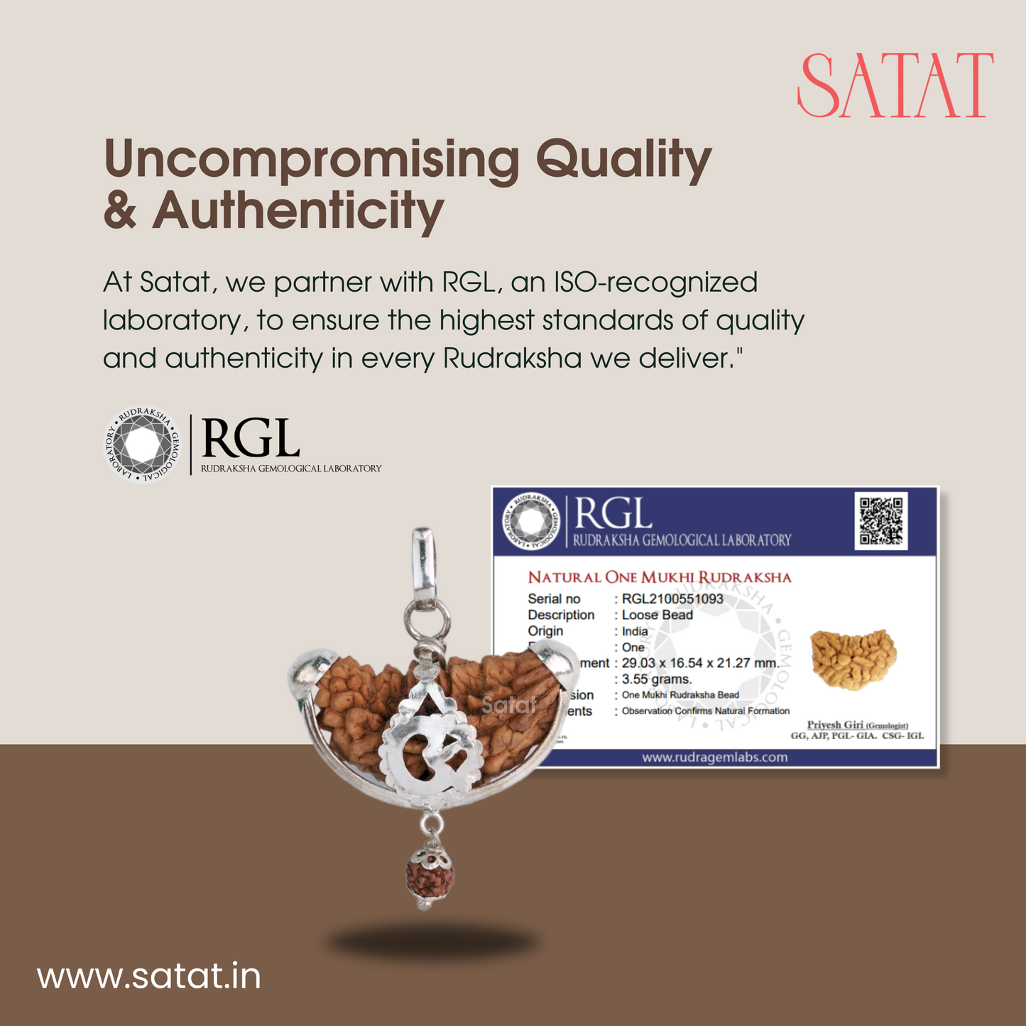 SATAT One Face Ek Mukhi Rudraksha Pendant | Indian Origin | Pure Silver Cap | Certified from an ISO-recognised Lab