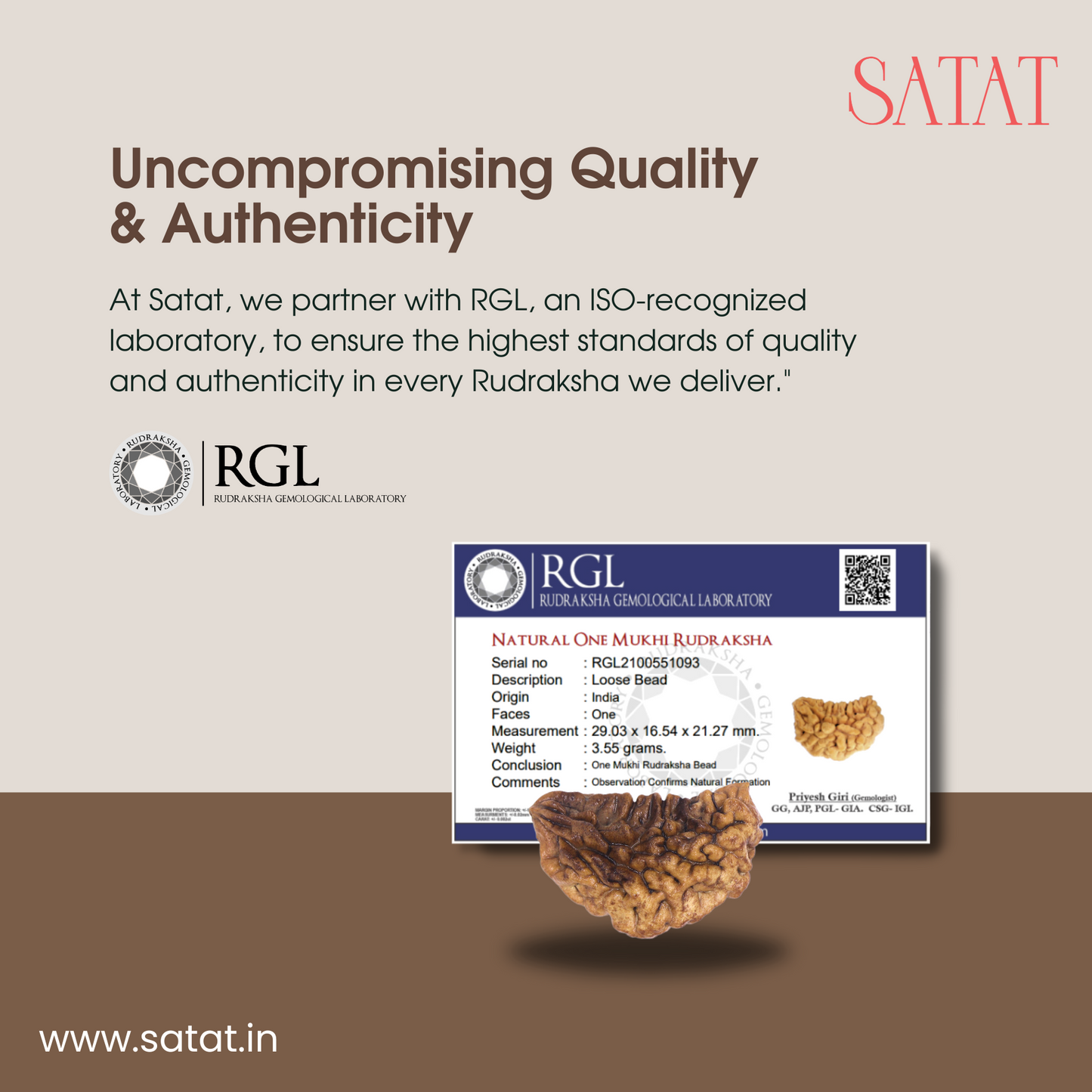 SATAT One Mukhi Rudraksha | Original Hiamalayan Bead | 20-30mm | Certified from ISO-recognised Lab - RGL