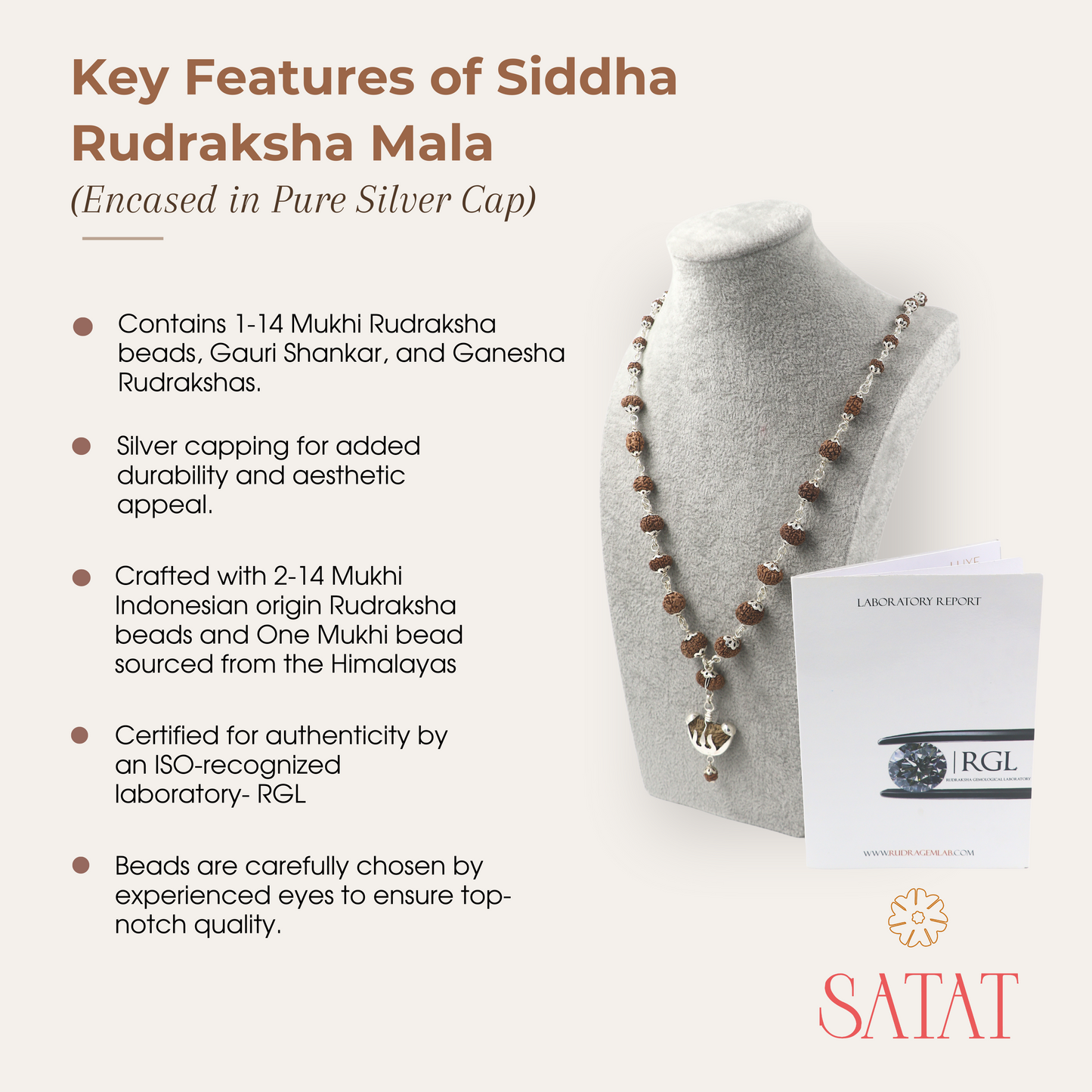 SATAT Siddha Rudraksha Mala | 1-14 Mukhi Beads | Pure Silver Cap | Certified by ISO-recognised Lab