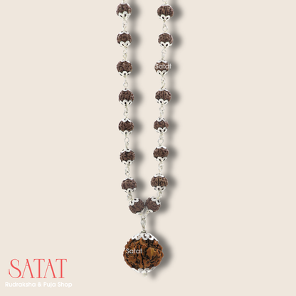 54+1 Beads Rudraksha Silver Mala with 7 Mukhi Nepal Rudraksha Pendant | 6.5mm Bead Size | Certified by RGL (ISO-Recognized Lab)