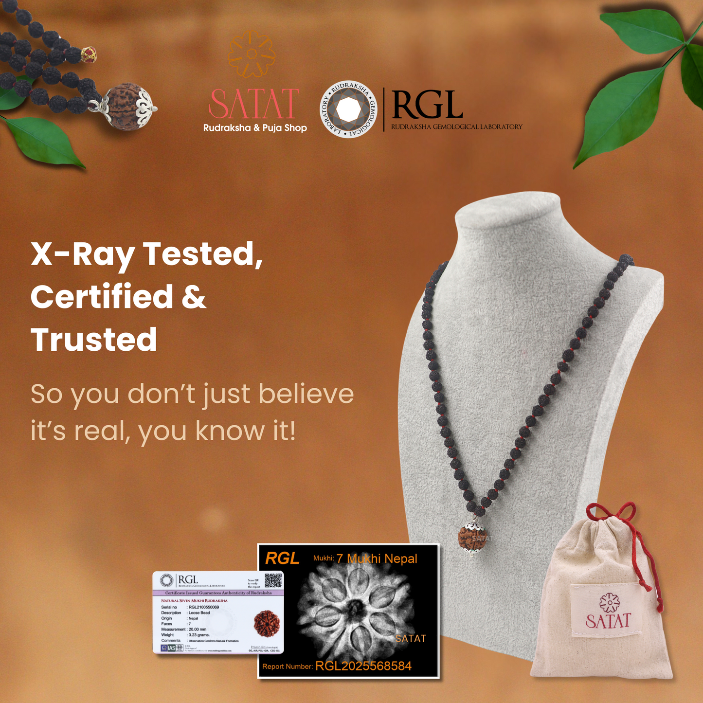 SATAT 7 Mukhi Rudraksha Pendant (Nepal) with 108 bead 5 Mukhi (Indonesian) Black Mala Set | Pure Silver Cap | LAB Certified