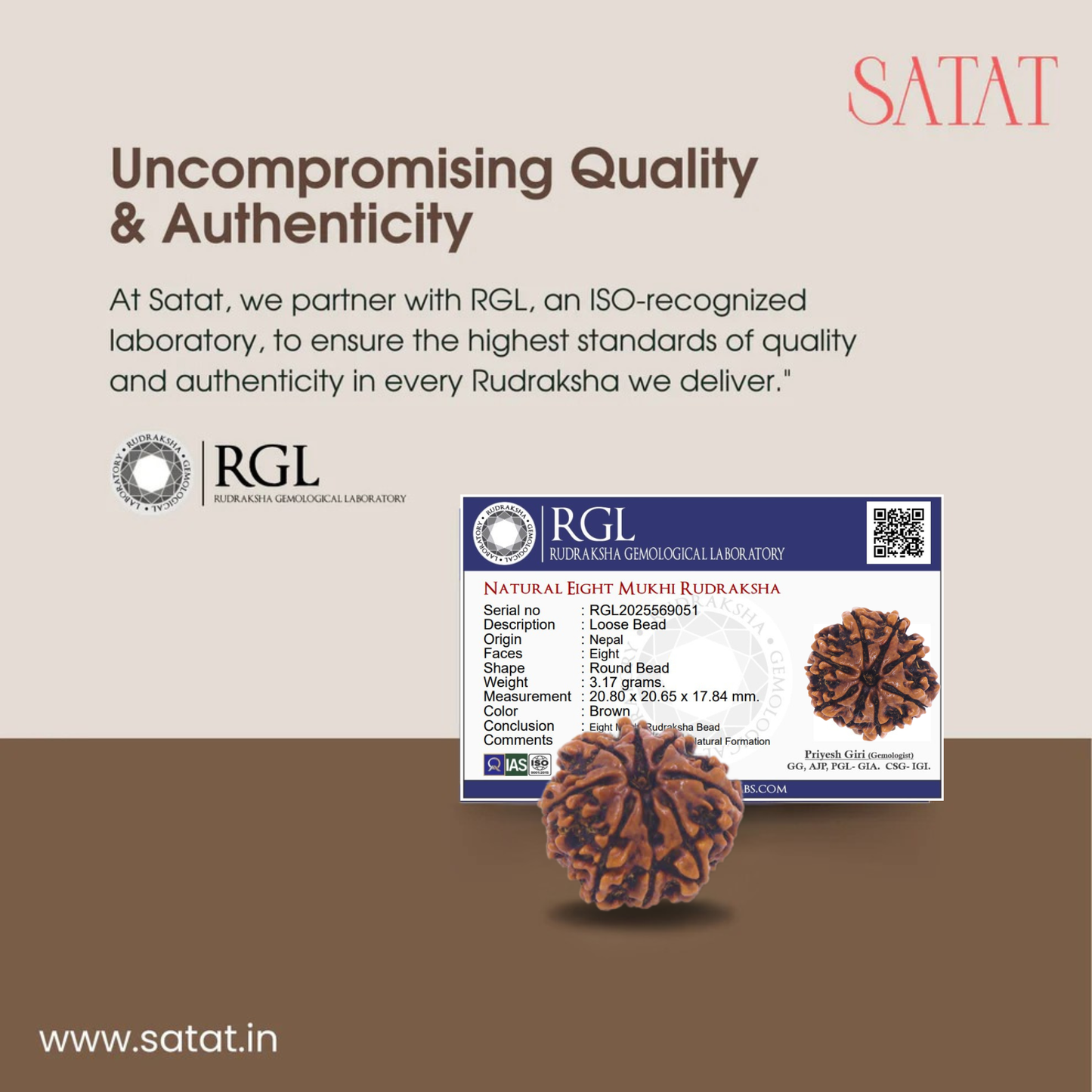 8 Mukhi Rudraksha| Nepal Origin | 18-23mm | Certified by ISO-recognized Lab - RGL