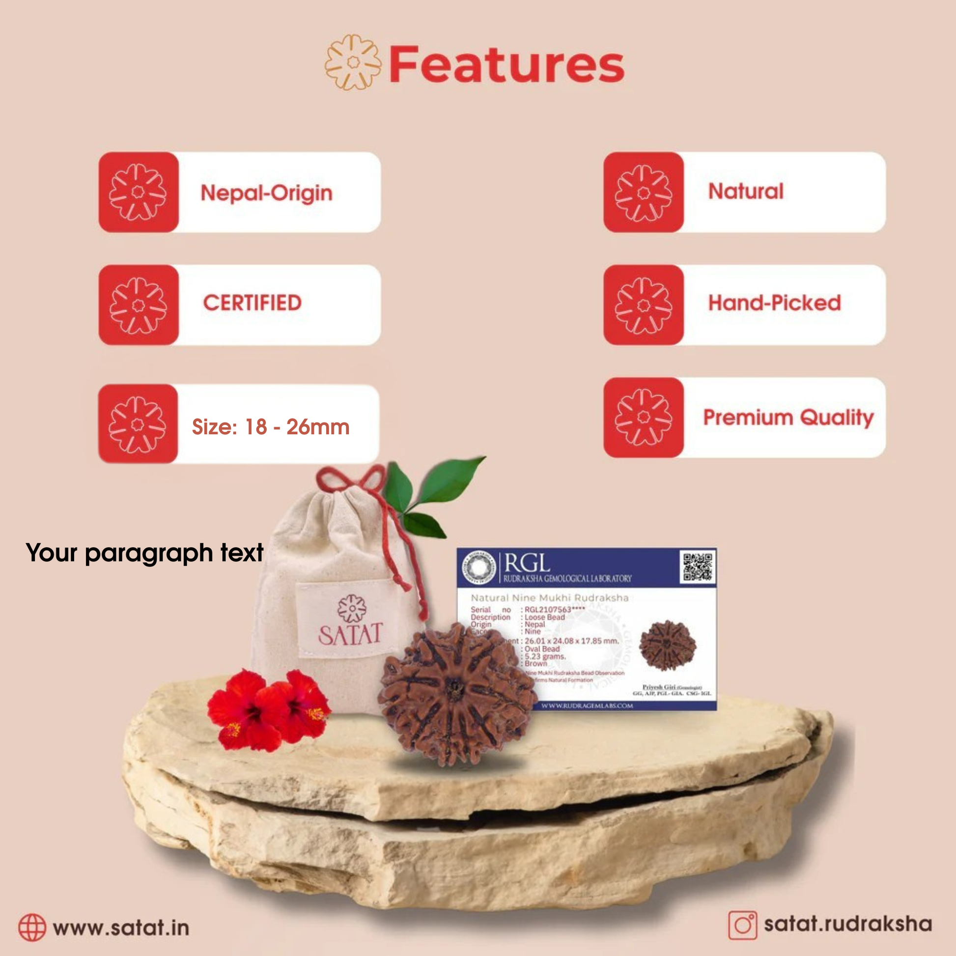 9 Mukhi Nepal Rudraksha Original Certified Bead by Satat Blessed by maa durga, mitigates effects of Malefic Rahu, For Courage & Bravery