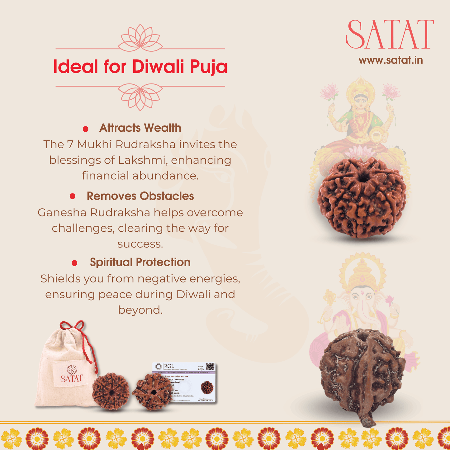 Seven 7 Saat Mukhi Nepali Lakshmi Rudraksha Original Bead Ganesha Rudraksha Rudraksha Combo for Diwali Puja . Lab Certified Beads 100% Original.