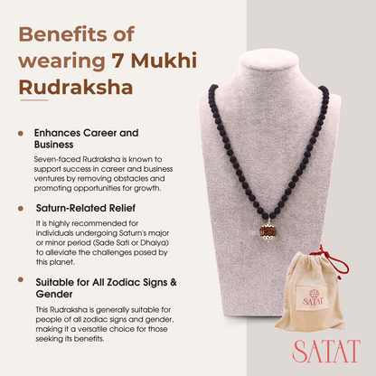 SATAT 7 Mukhi Rudraksha Pendant (Nepal) with 108 bead 5 Mukhi (Indonesian) Black Mala Set | Pure Silver Cap | LAB Certified