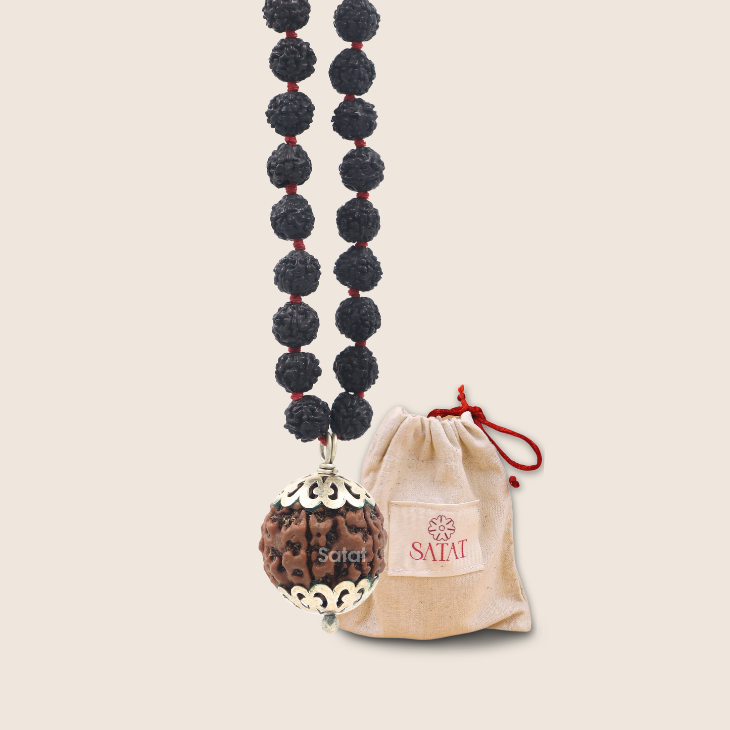 SATAT 7 Mukhi Rudraksha Pendant (Nepal) with 108 bead 5 Mukhi (Indonesian) Black Mala Set | Pure Silver Cap | LAB Certified