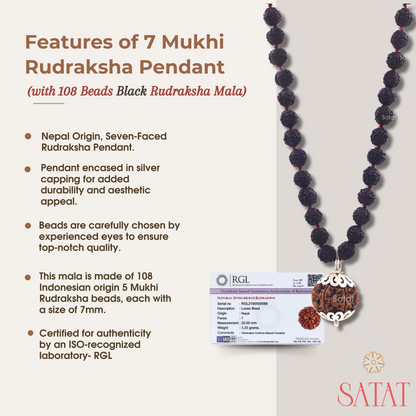 SATAT 7 Mukhi Rudraksha Pendant (Nepal) with 108 bead 5 Mukhi (Indonesian) Black Mala Set | Pure Silver Cap | LAB Certified