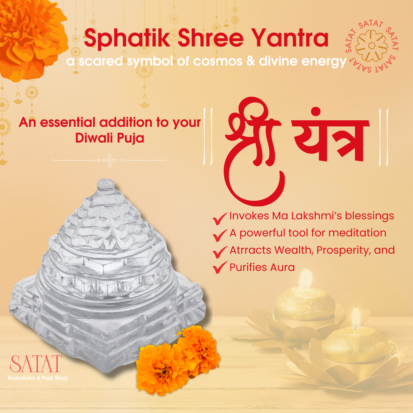 SATAT SphatiK Shree Yantra Original Crystal, 80-100g, 4-6 cm, for Lakshmi Puja and Meditation on Diwali