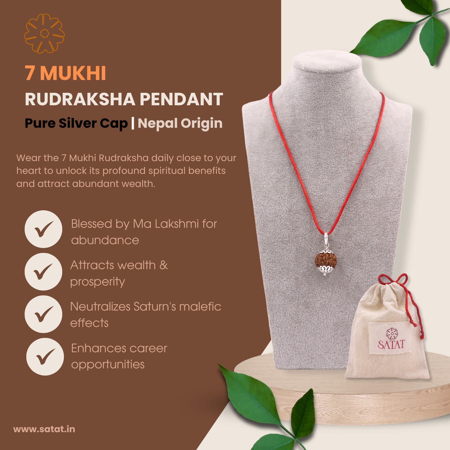 SATAT 7 Mukhi Rudraksha Pendant Original Nepalese Bead | Pure Silver Cap Encasing | with Certificate | For Men & Women