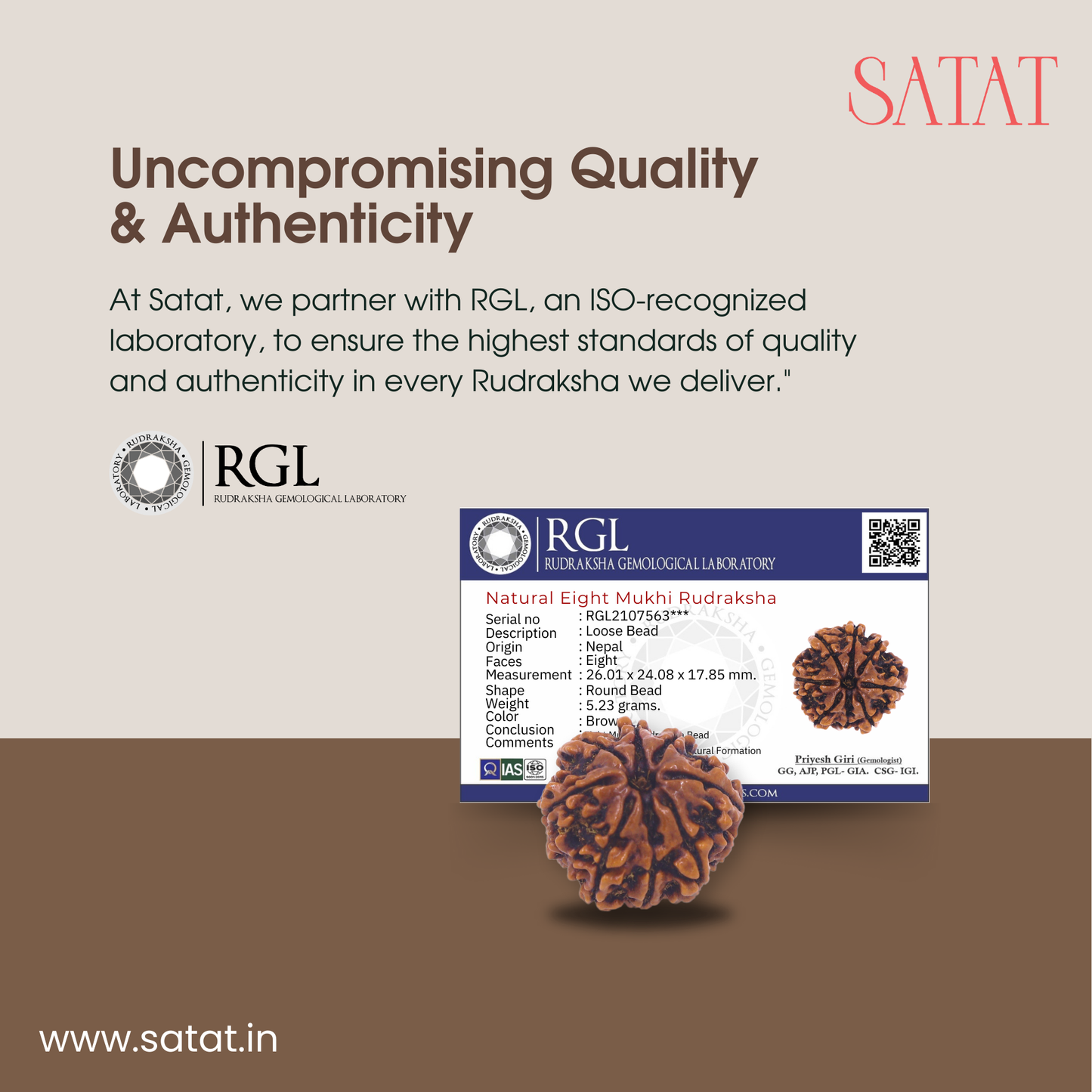 original 8 Mukhi rudraksha sourced from Nepal, certified by Iso-recognised Lab (RGL). 18-30mm Size. SHop from SATAT rudraksha & puja shop online. Eight Face Rudrahsa Aath Mukhi 