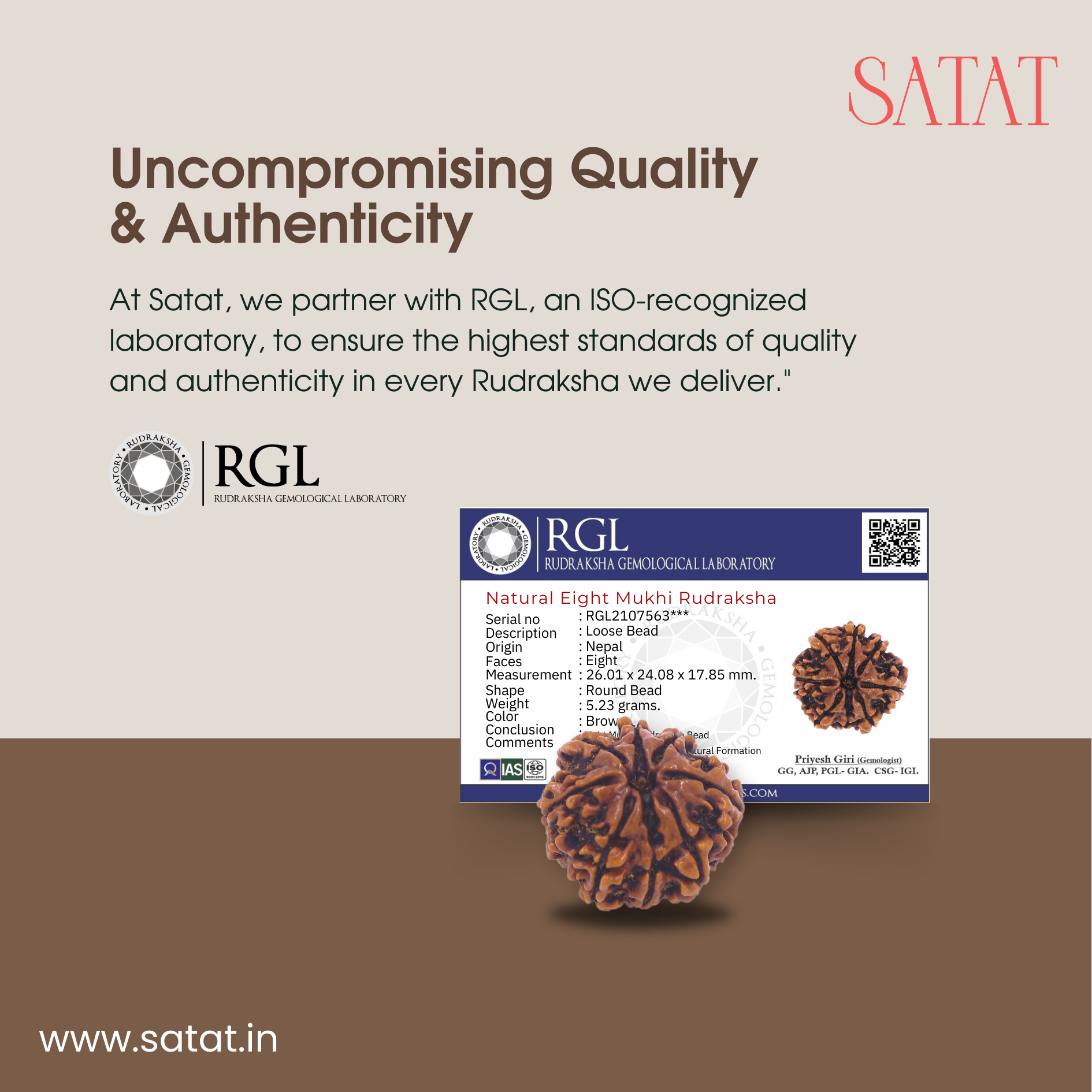 original 8 Mukhi rudraksha sourced from Nepal, certified by Iso-recognised Lab (RGL). 18-30mm Size. SHop from SATAT rudraksha & puja shop online. Eight Face Rudrahsa Aath Mukhi 