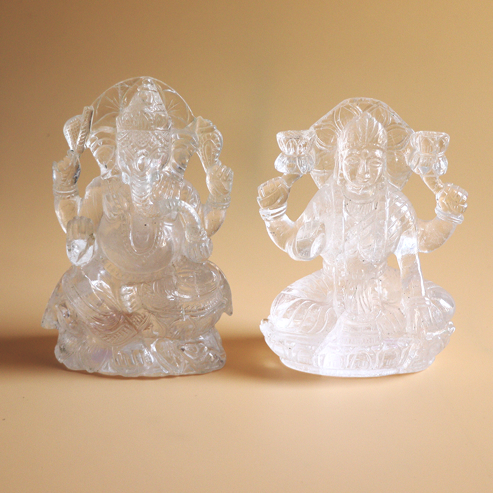 Limited Edition Pure Sphatik (Quartz) Lakshmi Ganesha Idol | 1200g | 4.5 Inches