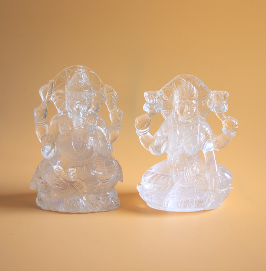 Limited Edition Pure Sphatik (Quartz) Lakshmi Ganesha Idol | 1200g | 4.5 Inches